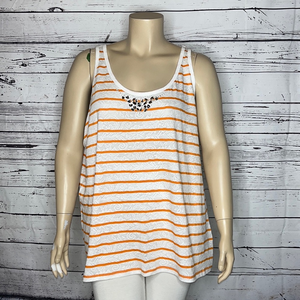 Lane Bryant NWT Sz. 26/28 Orange Stripe - White Lace Embellished Tank Top Blouse